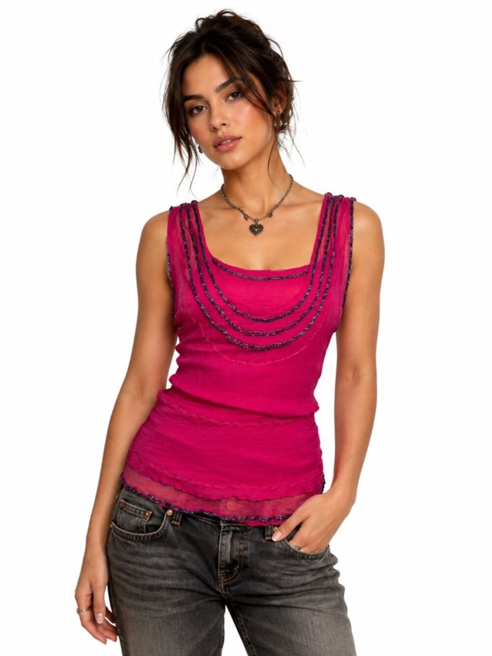 Diane von Furstenberg Pink Beaded Silk Sleeveless Top Size 4 Scoop Neck DVF